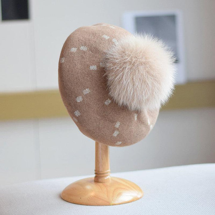 Elegant Woolen Gilding Beret Women's Korean Style Fox Fur Ball Vintage Painter Hat - Mamofa Global Store