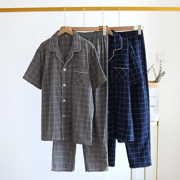 Single-line Plaid Pajamas Men's Short-sleeved Trousers Suit - Mamofa Global Store