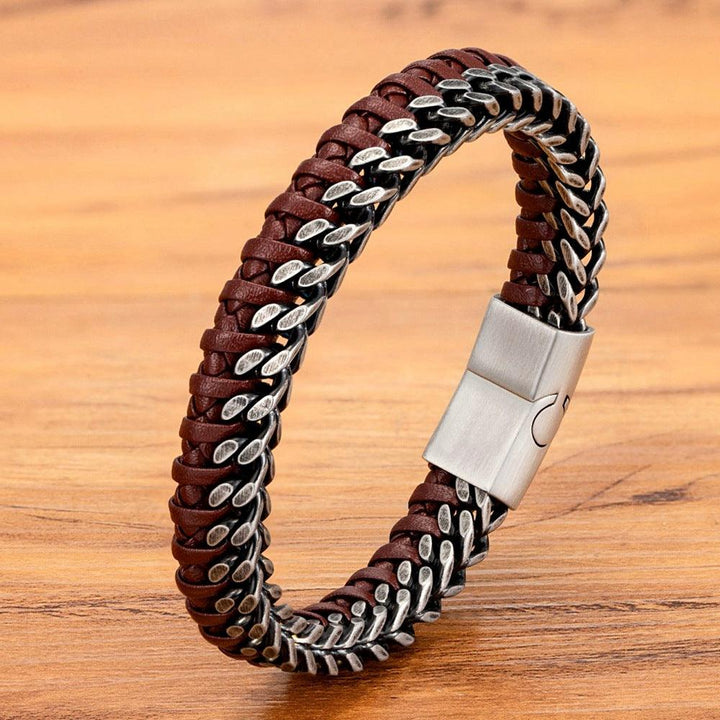 Vintage Leather Woven Men's Stainless Steel Buckle Bracelet - Mamofa Global Store