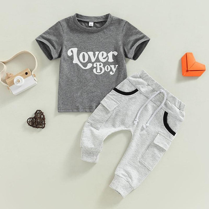 Baby Boy Short Sleeve Monogram Print T-shirt Gray Summer Clothing Set - Mamofa Global Store