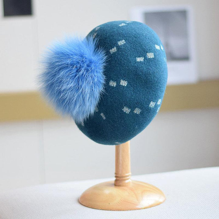 Elegant Woolen Gilding Beret Women's Korean Style Fox Fur Ball Vintage Painter Hat - Mamofa Global Store