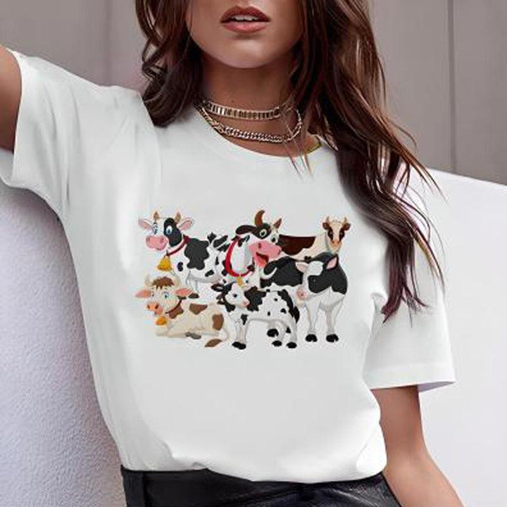 New Cow Animal Cartoon Print White Round Neck Short Sleeve - Mamofa Global Store