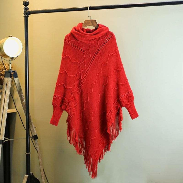 Autumn And Winter New Tassel Knitwear Shawl High Collar Warm Batwing Sleeve Pullover - Mamofa Global Store