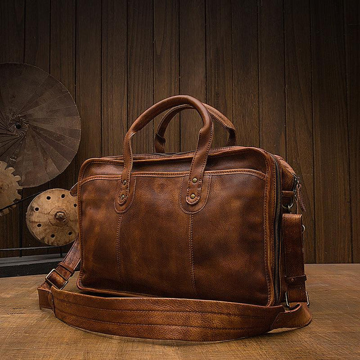 Men's Vintage First Layer Leather Travel Briefcase - Mamofa Global Store