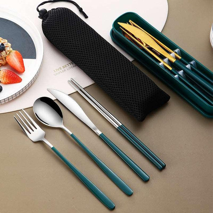 304 Dinnerware Set Flatware Kitchen Accessories Camping Travel Sets Gold Knife Fork Spoon Portable Cutlery Sets With Case - Mamofa Global Store