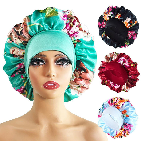 Wide-brimmed Satin Nightcap Printed Round Cap Cross-border New Arrival Printed Home Hat Soft Shower Cap Plus-sized - Mamofa Global Store