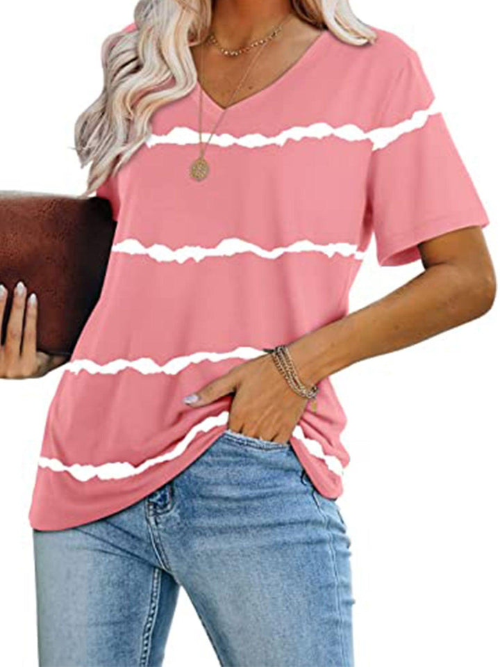 Women's V-neck Striped Printed Loose T-shirt - Mamofa Global Store