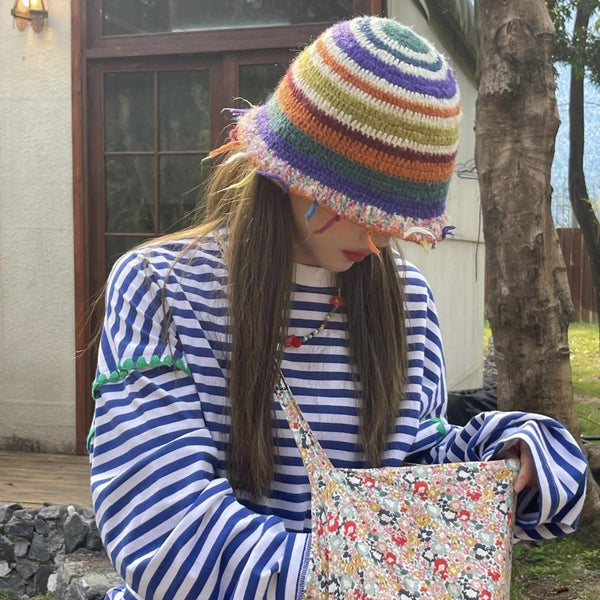 Vintage Handmade Crochet Tassel Bucket Hat Colorful Stripes Woolen Cap Bucket Hat - Mamofa Global Store