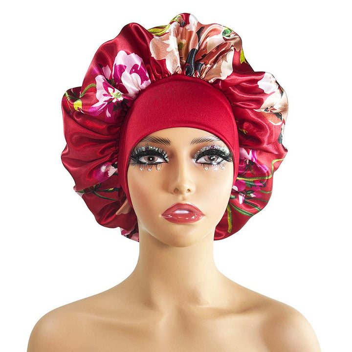 Wide-brimmed Satin Nightcap Printed Round Cap Cross-border New Arrival Printed Home Hat Soft Shower Cap Plus-sized - Mamofa Global Store