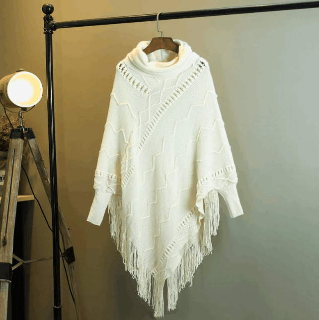 Autumn And Winter New Tassel Knitwear Shawl High Collar Warm Batwing Sleeve Pullover - Mamofa Global Store