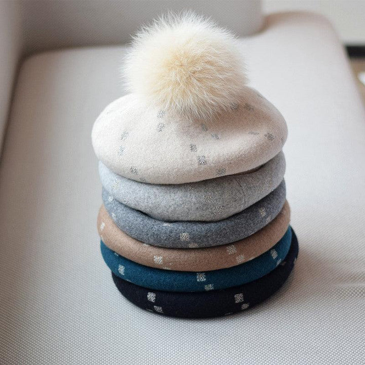 Elegant Woolen Gilding Beret Women's Korean Style Fox Fur Ball Vintage Painter Hat - Mamofa Global Store