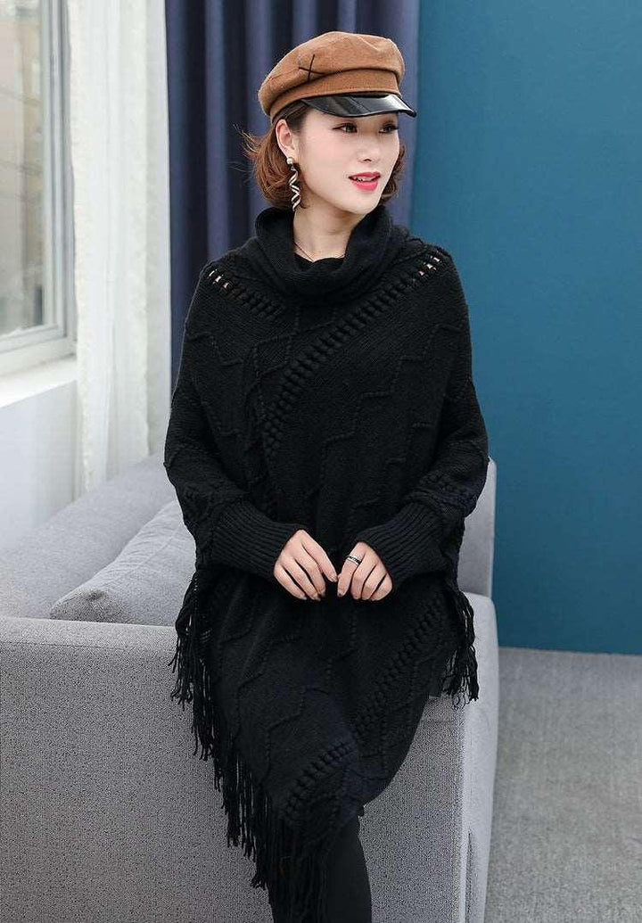 Autumn And Winter New Tassel Knitwear Shawl High Collar Warm Batwing Sleeve Pullover - Mamofa Global Store