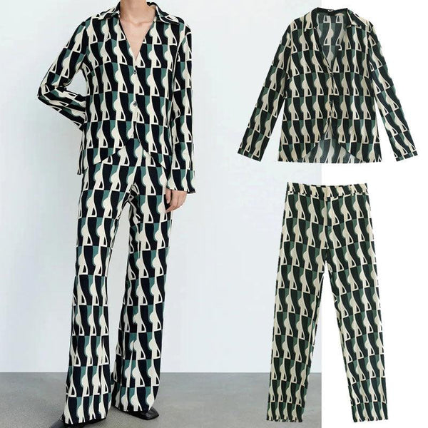 Loose Blouse Geometric Print Flared Pants Suit - Mamofa Global Store