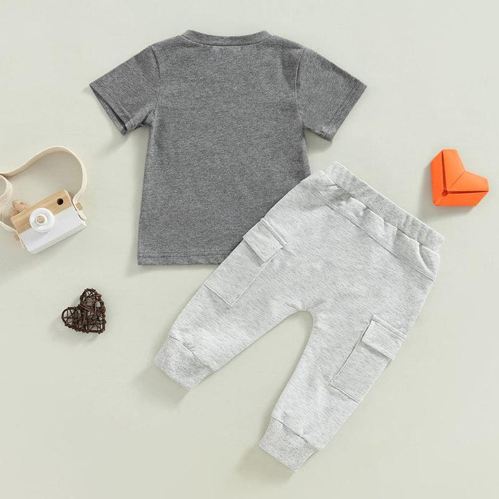 Baby Boy Short Sleeve Monogram Print T-shirt Gray Summer Clothing Set - Mamofa Global Store