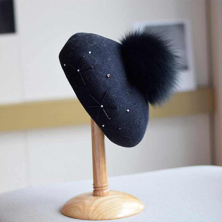 Women's Fox Fur Ball Elegant Retro Woolen Hat - Mamofa Global Store