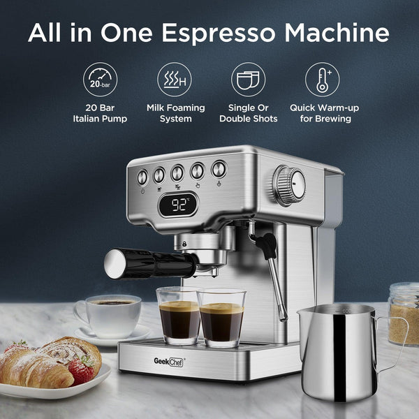 Geek Chef Espresso Machine, 20 Bar Espresso Machine With Milk Frother For Latte, Cappuccino, Macchiato, For Home Espresso Maker, 1.8L Water Tank, Stainless Steel, Ban On Amazon - Mamofa Global Store