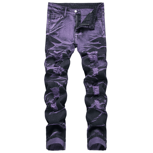 Purple And Black Fried Ripped Denim Trousers - Mamofa Global Store