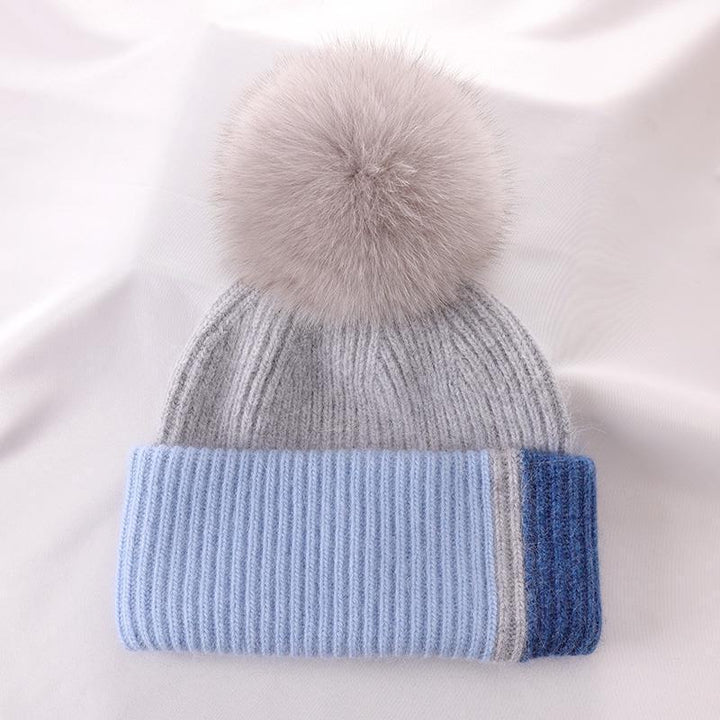 Rabbit Fur Autumn Winter Korean Cute Real Fox Fur Ball Thick Warm Plush Knitted Hat - Mamofa Global Store