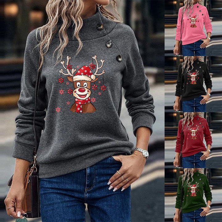 Turtleneck Buttons Christmas Deer Loose Sweater Female - Mamofa Global Store