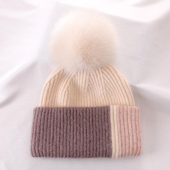 Rabbit Fur Autumn Winter Korean Cute Real Fox Fur Ball Thick Warm Plush Knitted Hat - Mamofa Global Store