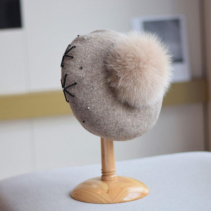 Women's Fox Fur Ball Elegant Retro Woolen Hat - Mamofa Global Store