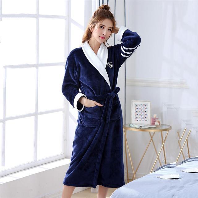 Winter Flannel Lovers Robe Gown Elegant Solid Casual Sleepwe - Mamofa Global Store