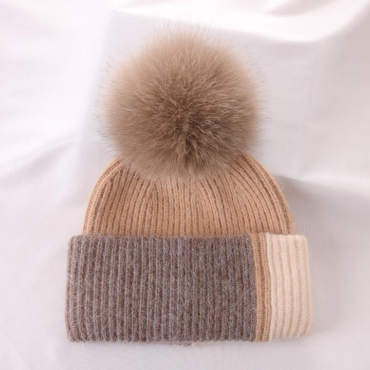 Rabbit Fur Autumn Winter Korean Cute Real Fox Fur Ball Thick Warm Plush Knitted Hat - Mamofa Global Store