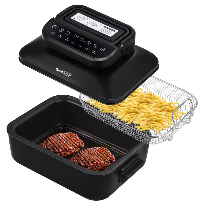 Geek Chef 7 In1 Smokeless Electric Indoor Grill With Air Fry, Roast, Bake, Portable 2 In 1 Indoor Tabletop Grill & Griddle With Preset Function, Removable Non-Stick Plate, Air Fryer Basket, Ban Amazon - Mamofa Global Store