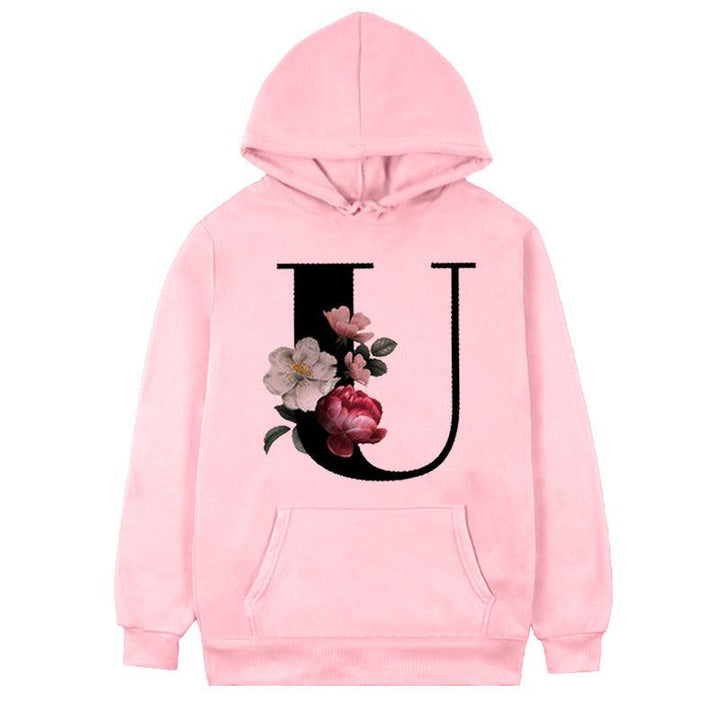 Women's 26-letter Flowers Printed Fleece Hoodie - Mamofa Global Store