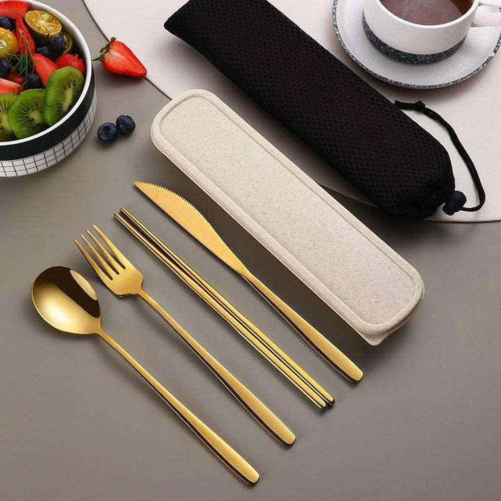 304 Dinnerware Set Flatware Kitchen Accessories Camping Travel Sets Gold Knife Fork Spoon Portable Cutlery Sets With Case - Mamofa Global Store