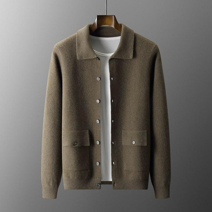 Men's Polo Collar Solid Color Wool Cardigan Autumn Winter Retro Pocket Thick Coat - Mamofa Global Store