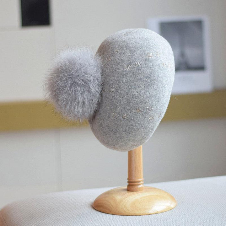 Elegant Woolen Gilding Beret Women's Korean Style Fox Fur Ball Vintage Painter Hat - Mamofa Global Store