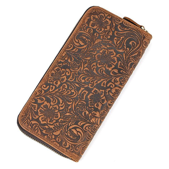 Men's Crazy Horse Leather Retro Embossing Fashion Long Wallet - Mamofa Global Store