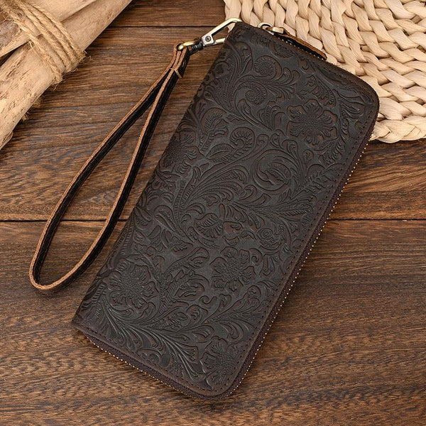 Men's Crazy Horse Leather Retro Embossing Fashion Long Wallet - Mamofa Global Store