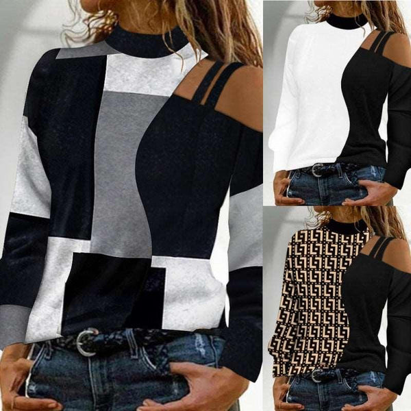 Autumn And Winter Simplicity Off-the-shoulder Colored Geometric Blocks Pattern Long Sleeve Top For Women - Mamofa Global Store