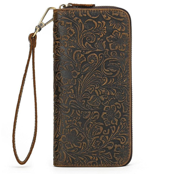 Men's Crazy Horse Leather Retro Embossing Fashion Long Wallet - Mamofa Global Store