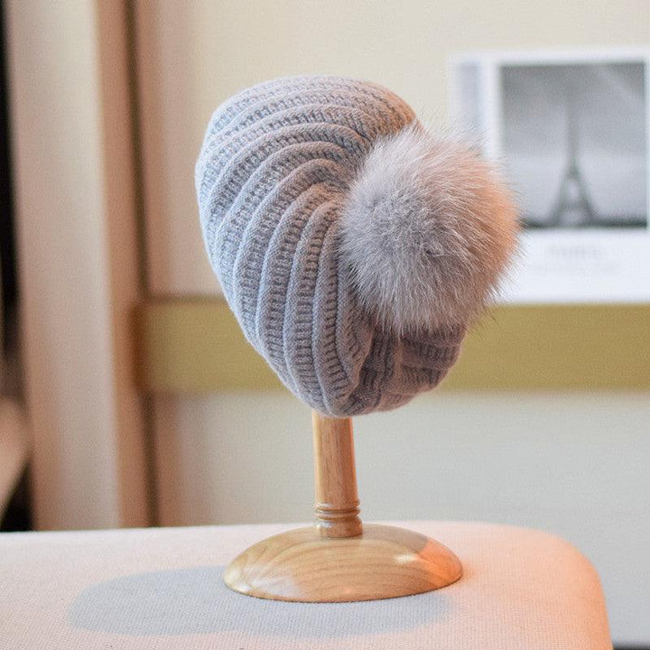 Fox Fur Ball Knitted Beret - Mamofa Global Store