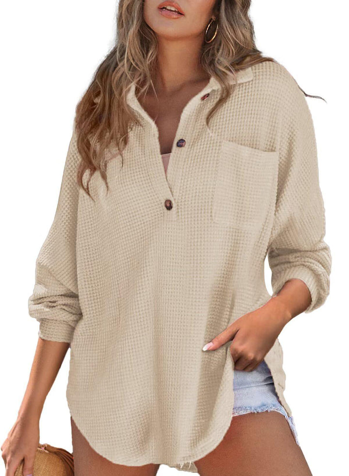 Women's Waffle Knit Loose Long Sleeve Top - Mamofa Global Store