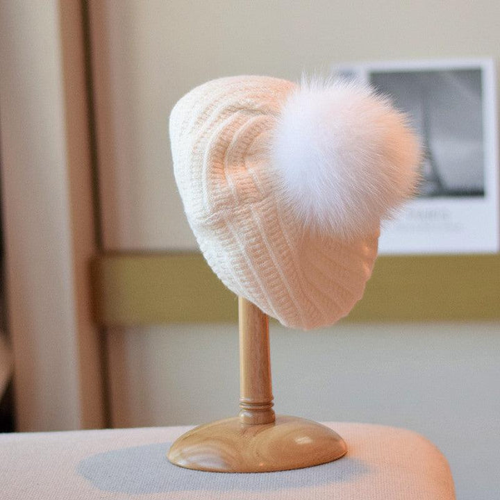 Fox Fur Ball Knitted Beret - Mamofa Global Store