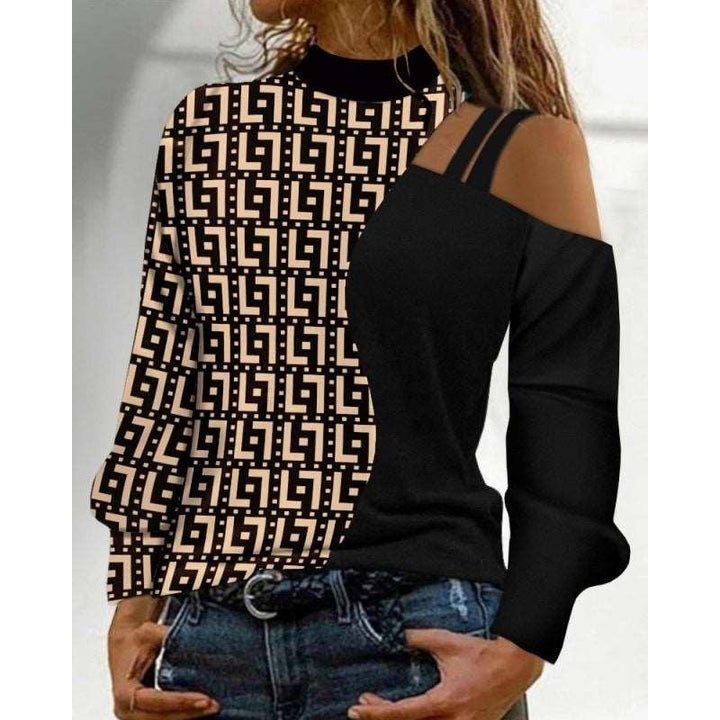 Autumn And Winter Simplicity Off-the-shoulder Colored Geometric Blocks Pattern Long Sleeve Top For Women - Mamofa Global Store