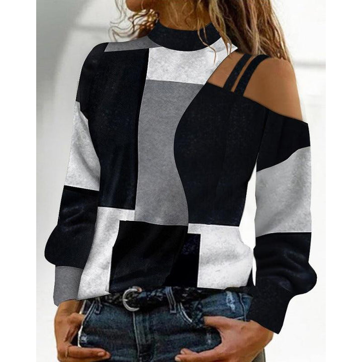 Autumn And Winter Simplicity Off-the-shoulder Colored Geometric Blocks Pattern Long Sleeve Top For Women - Mamofa Global Store