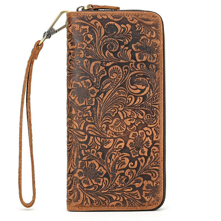 Men's Crazy Horse Leather Retro Embossing Fashion Long Wallet - Mamofa Global Store