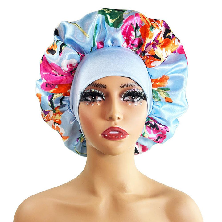 Wide-brimmed Satin Nightcap Printed Round Cap Cross-border New Arrival Printed Home Hat Soft Shower Cap Plus-sized - Mamofa Global Store