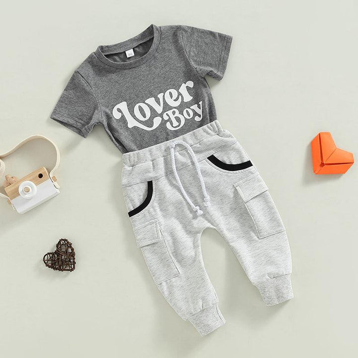 Baby Boy Short Sleeve Monogram Print T-shirt Gray Summer Clothing Set - Mamofa Global Store