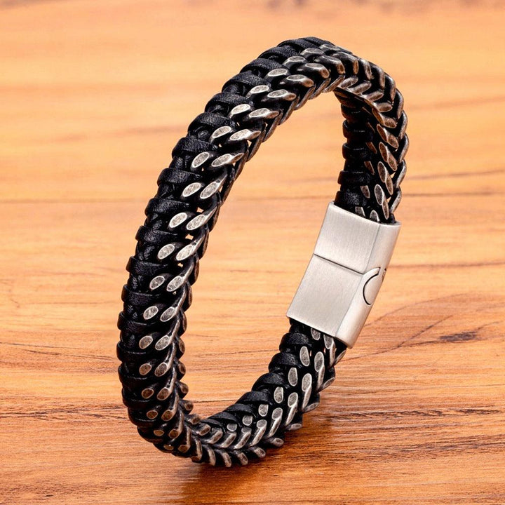 Vintage Leather Woven Men's Stainless Steel Buckle Bracelet - Mamofa Global Store