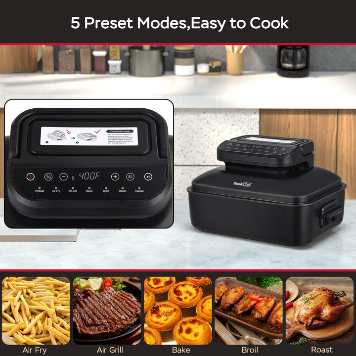 Geek Chef 7 In1 Smokeless Electric Indoor Grill With Air Fry, Roast, Bake, Portable 2 In 1 Indoor Tabletop Grill & Griddle With Preset Function, Removable Non-Stick Plate, Air Fryer Basket, Ban Amazon - Mamofa Global Store