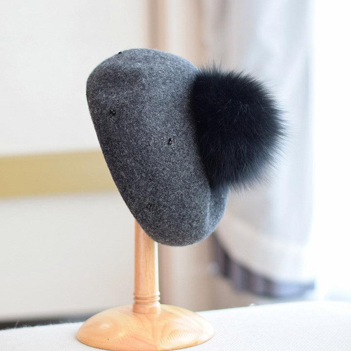 Women's Autumn And Winter Fox Fur Ball Vintage Wool Hat - Mamofa Global Store