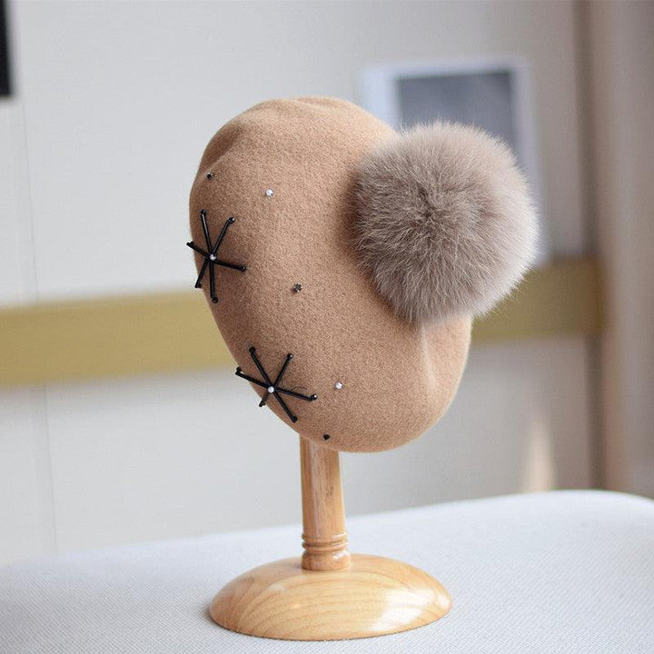 Women's Fox Fur Ball Elegant Retro Woolen Hat - Mamofa Global Store