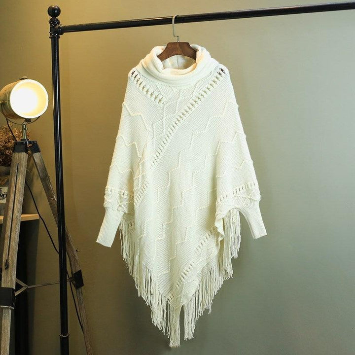 Autumn And Winter New Tassel Knitwear Shawl High Collar Warm Batwing Sleeve Pullover - Mamofa Global Store