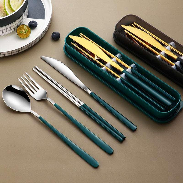 304 Dinnerware Set Flatware Kitchen Accessories Camping Travel Sets Gold Knife Fork Spoon Portable Cutlery Sets With Case - Mamofa Global Store